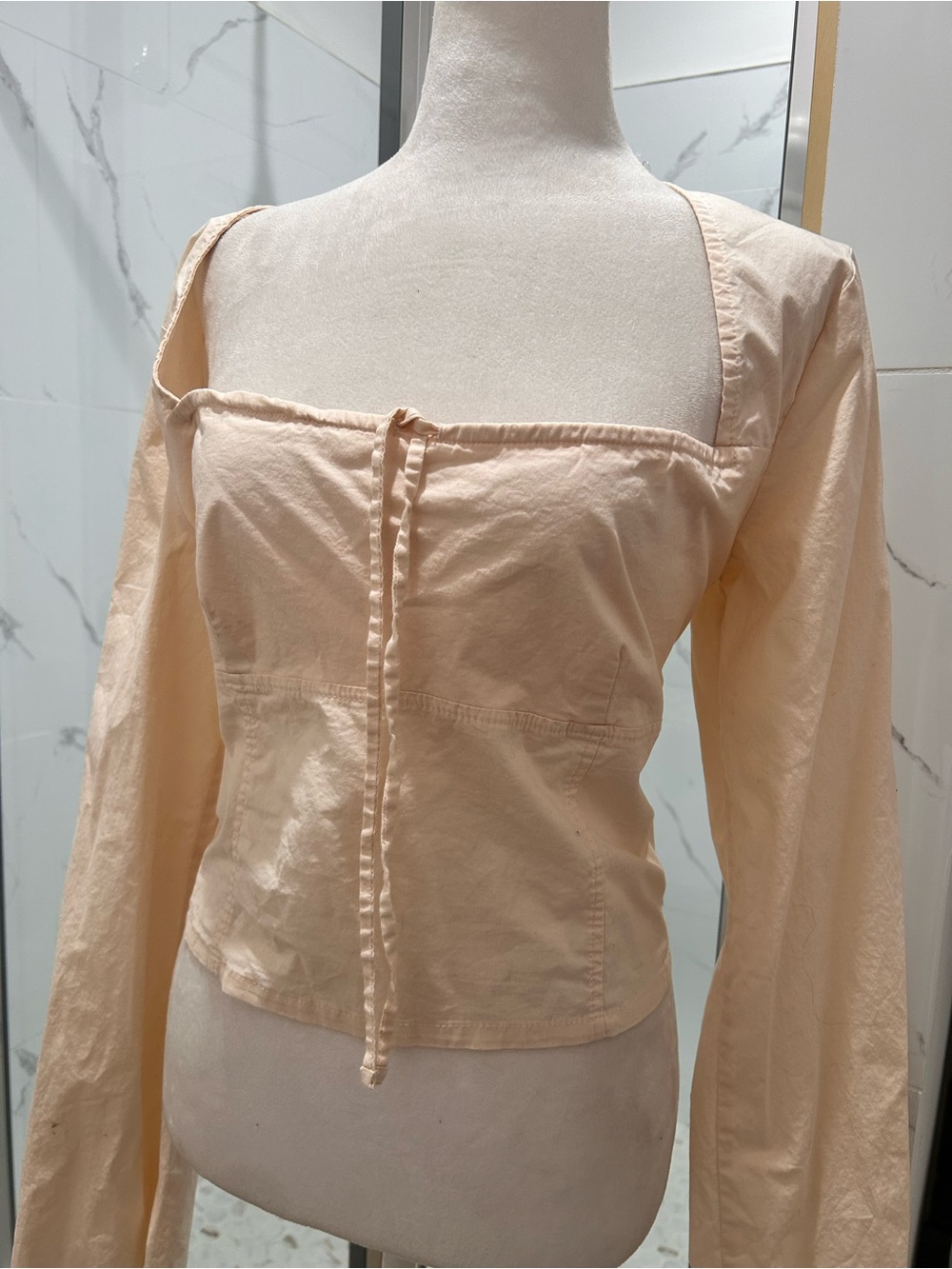 wild fable Cream Square-Neck Cropped Long-Sleeve Blouse with Tie